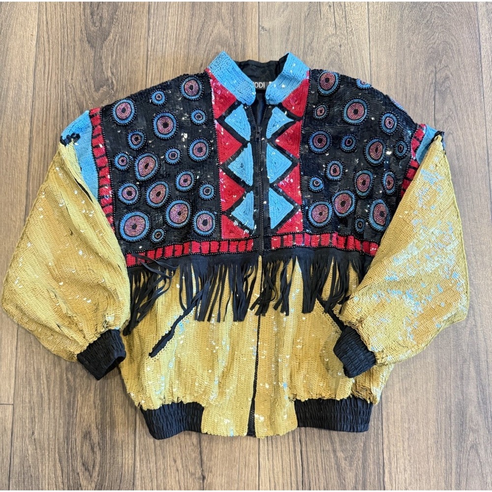Vintage MODI Geo Sequin Fringe Jacket 100% Silk Beaded Sequins Rare
